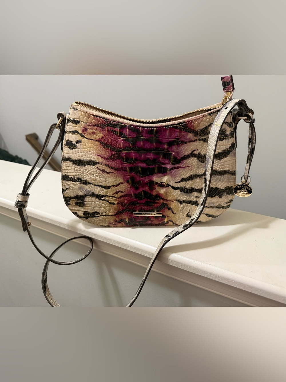 Brahmin Cream, Black & Pink Croc-Embossed Crossbody